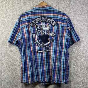 Parish Nation Shirt Mens 2XL Blue Plaid Embroidered Graphic Button Up Casual